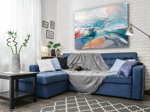 Blue Orange Glass Wall Decor Tempered Glass Wall Art, Marble Pattern Gift Fluid Glass Abstract Pattern Glass Abstract Art Glass Art