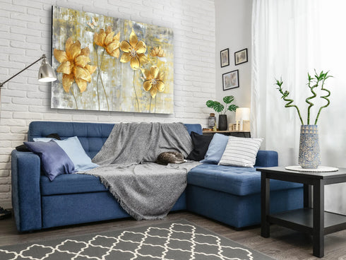 Golden Flowers Glass Wall Art Large Wall Decor Housewarming Gift Glass Art Modern Tempered Glass